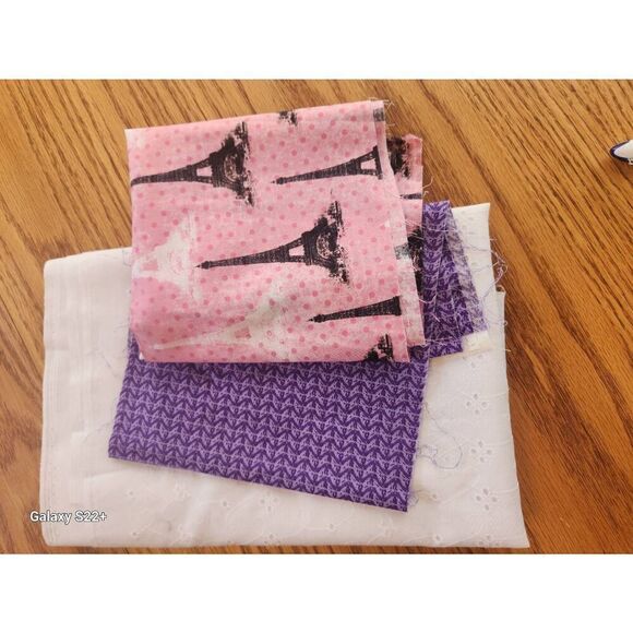 Three fabrics. pink Paris, eyelet, purple pattern - Picture 2 of 9